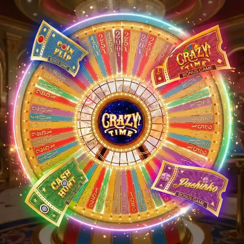Crazy Time Bonus — virtuellt hjul med 64 segment och flappers blå grön gul